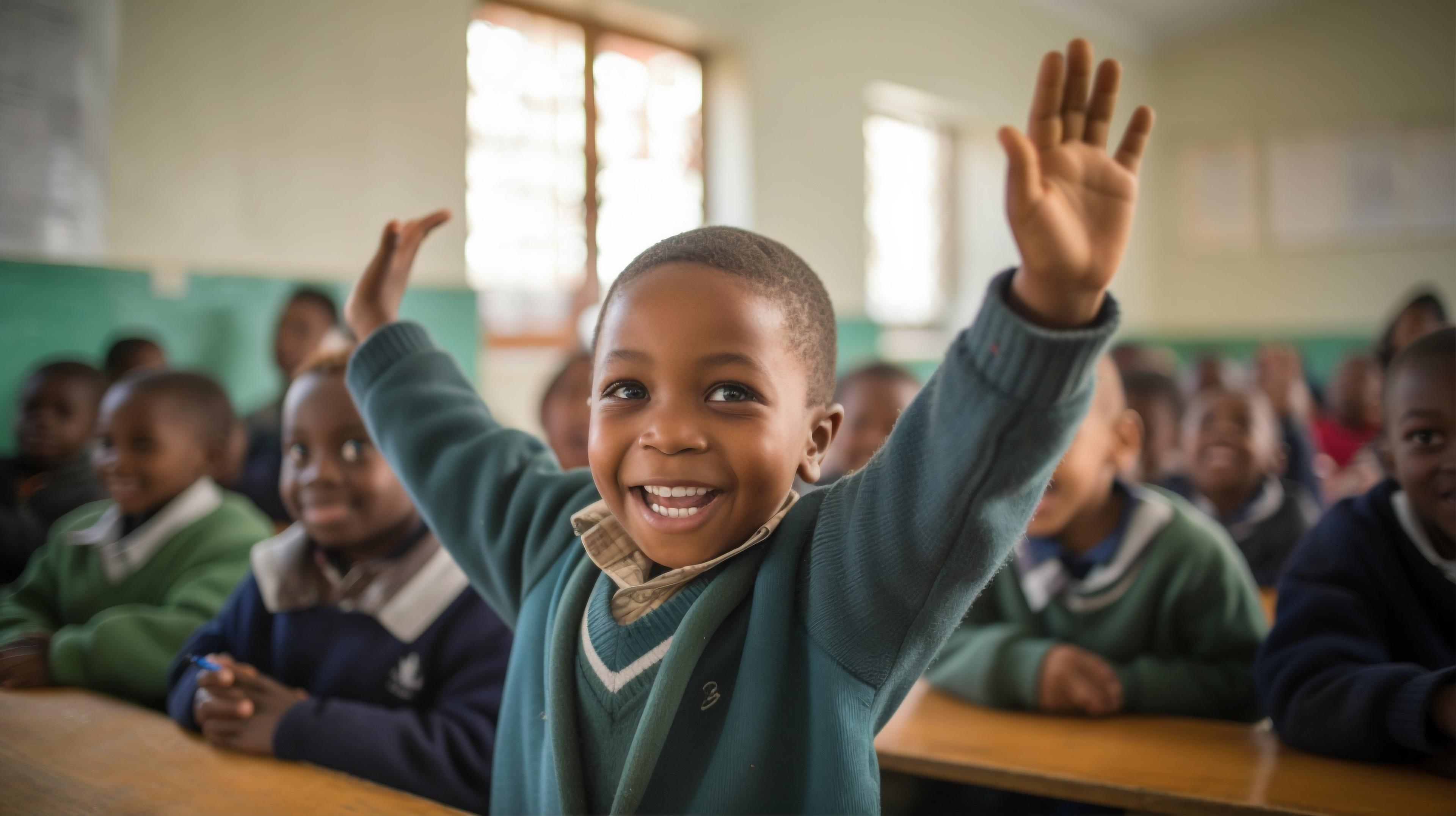 Students in classroom raising hands